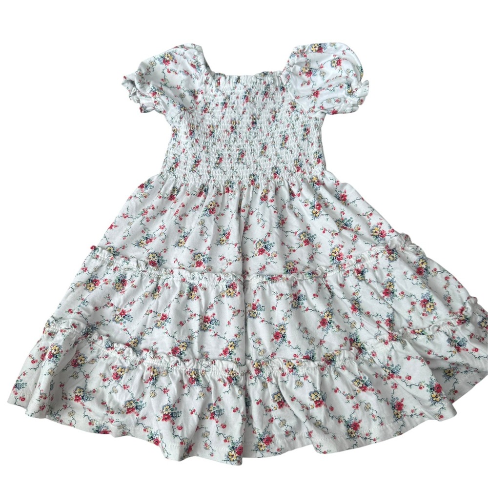 Polo Ralph Lauren Girls Floral Cotton Tiered Puff Smocked Dress White Sz 3